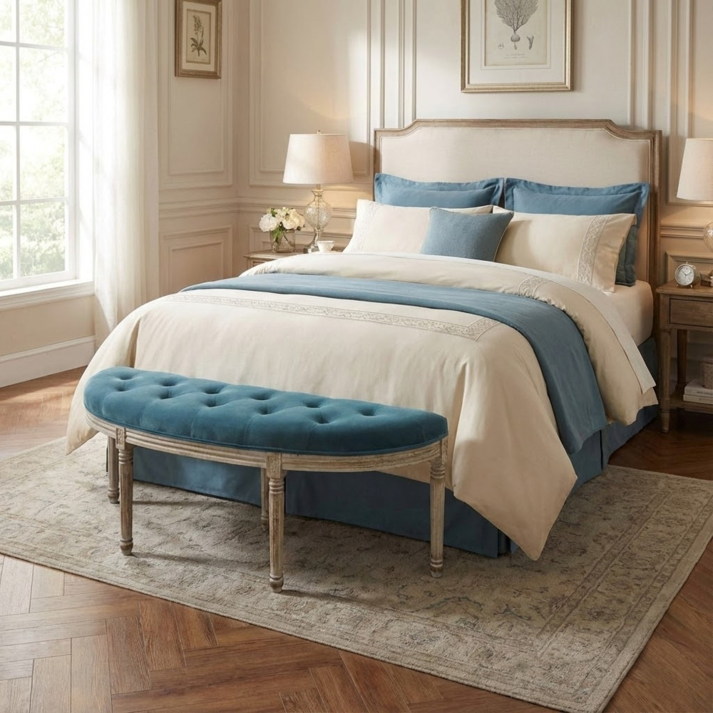 DecHome HF807242 Panca Retr� 125x45 cm Velluto e Legno Blu Fanker