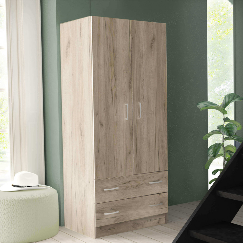 DecHome MK801432 Armadio Guardaroba 2 Ante Battenti e 2 Cassetti 80x52x180 cm Rovere Pop