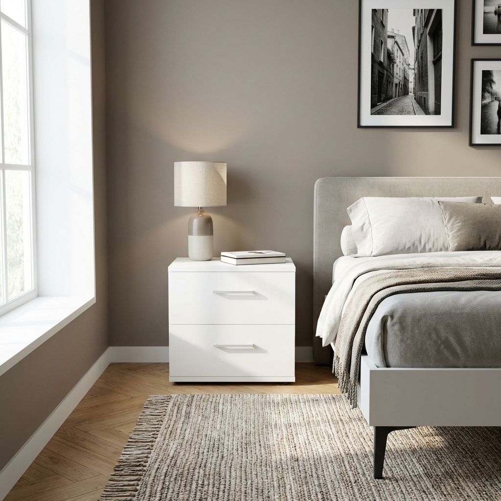 DecHome MK801504 Comodino Camera da Letto 2 Cassetti in Legno 44,5x35x43,5 Bianco Armonia