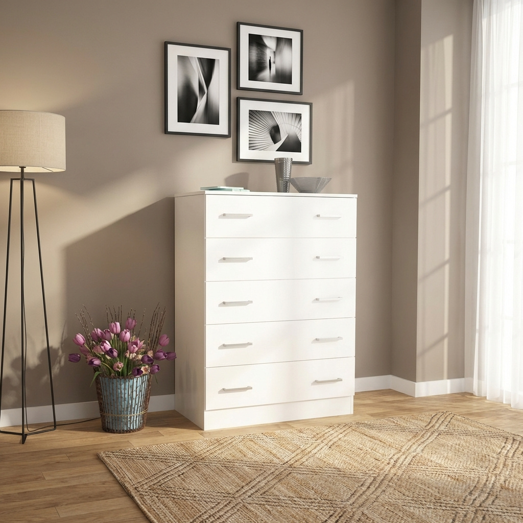 DecHome MK801513 Cassettiera Camera da Letto 5 Cassetti Legno 80x45x111 Bianco