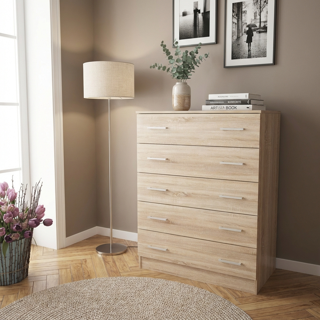 DecHome MK801514 Cassettiera Camera da Letto 5 Cassetti Legno 80x45x111 Quercia