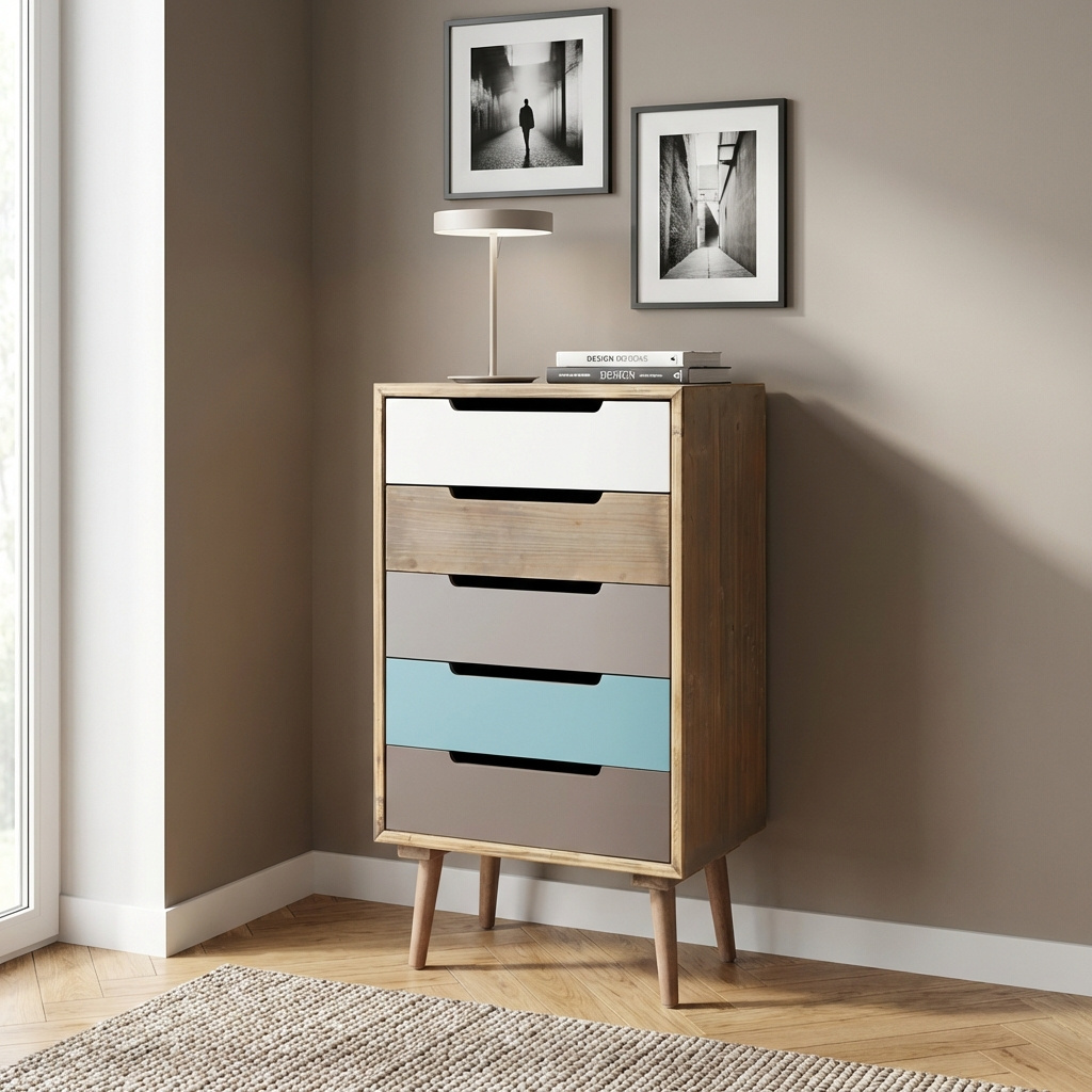 DecHome MO805725 Cassettiera 5 Cassetti Legno 45x36,5x81,5 Multicolore Eleganza