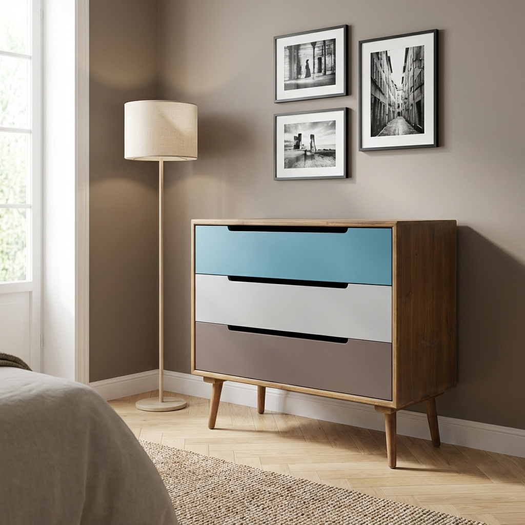 DecHome MO805726 Cassettiera 3 Cassetti Legno 80x35,5x66,5 Multicolore Buenos Aires