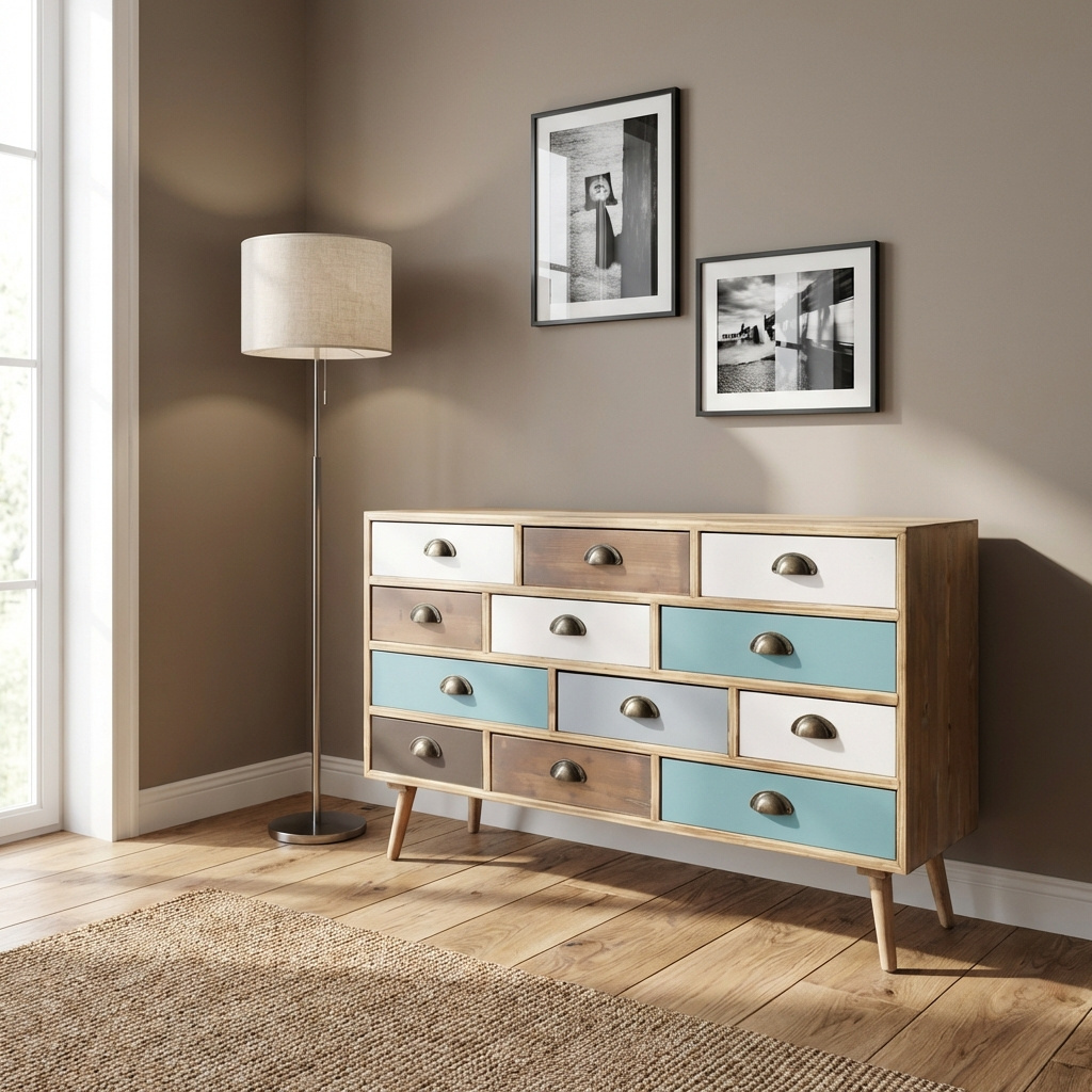 DecHome MO805729 Cassettiera 12 Cassetti Legno 120x36,5x67 Multicolore Luna