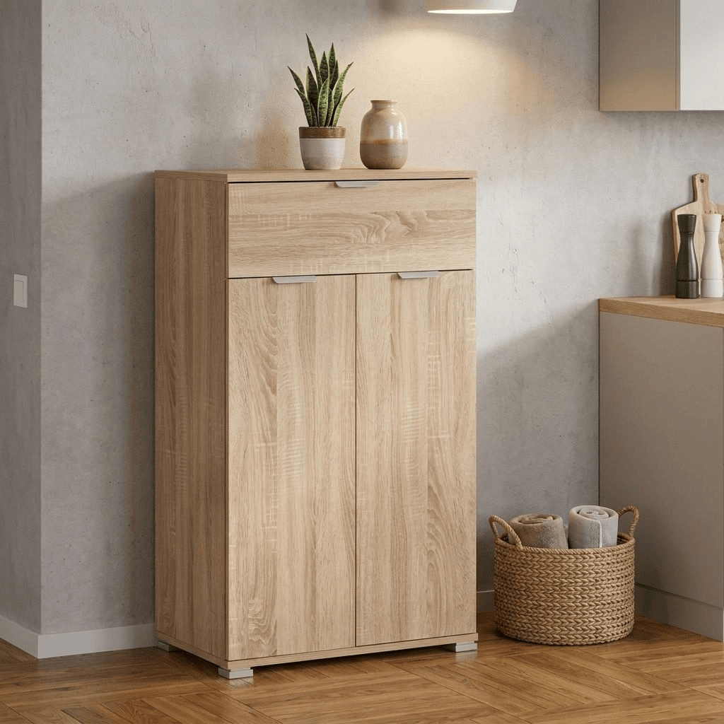 DecHome MR805036 Mobiletto Con 2 Anta e 1 Cassetto in Truciolato cm 27x38x103 h Marrone