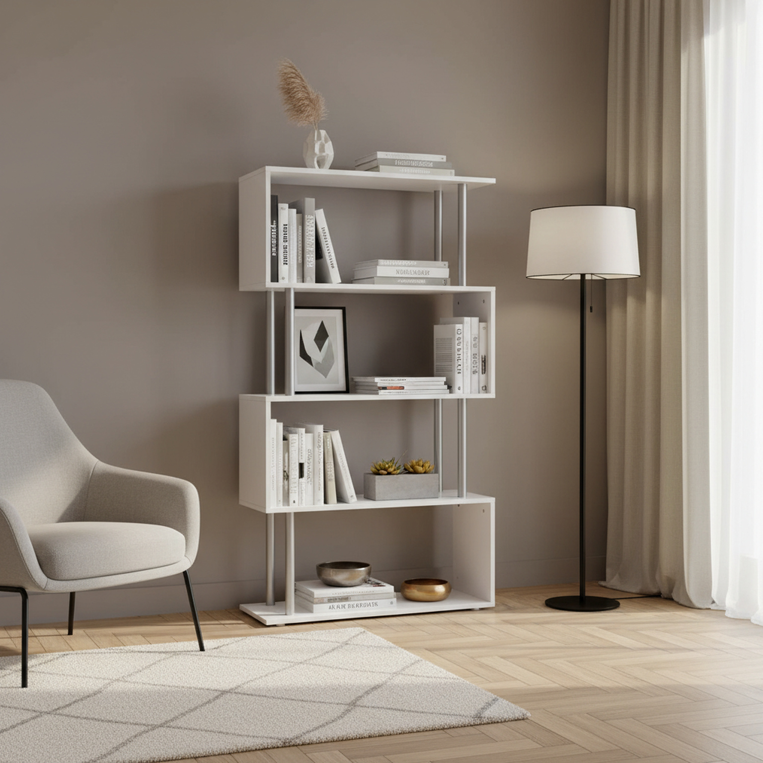DecHome D0555 Libreria Moderna 4 Ripiani Ferro 80x30x145 cm Bianco