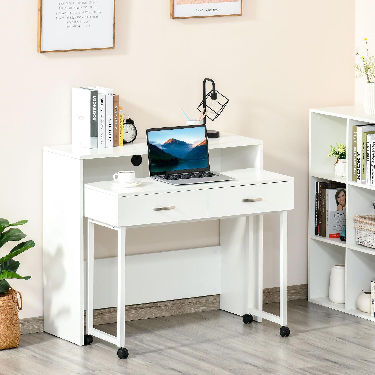 DecHome 021V01WTe920 Scrittoio estraibile con Ruote Moderno 100x36x88 cm colore Bianco