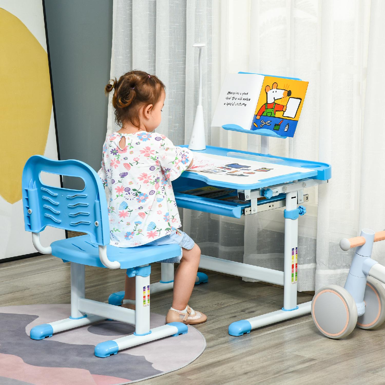 DecHome 062BU312 Banco Scuola con Sedia Altezza Regolabile Piano Inclinabile Blu