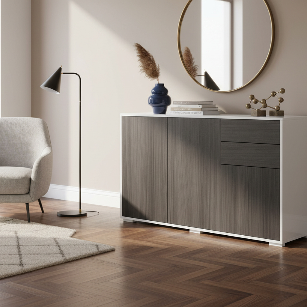 DecHome 077GY Madia Moderna 2 Cassetti 2 Ante 117x74h cm BiancoGrigio