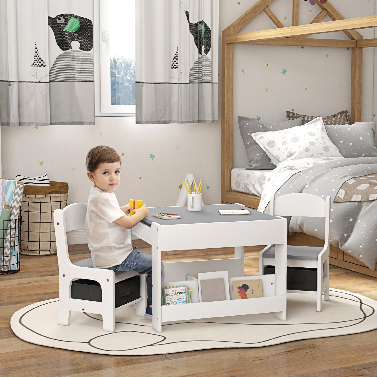 DecHome 0GYW60F Set Tavolino Bambini e 2 Sedie con Lavagna e Contenitori Grigio