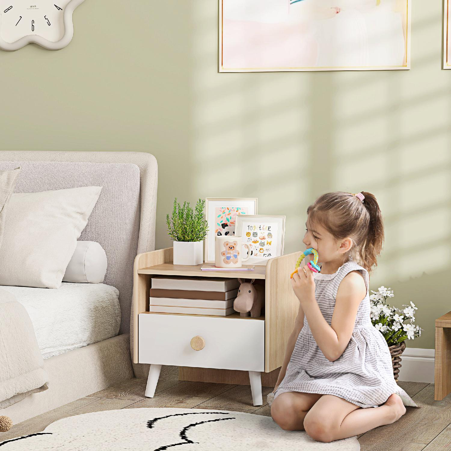 DecHome 0WTJ562 Comodino con Cassetto per Bambini 3-10 Anni 40x32.5x40 cm Bianco