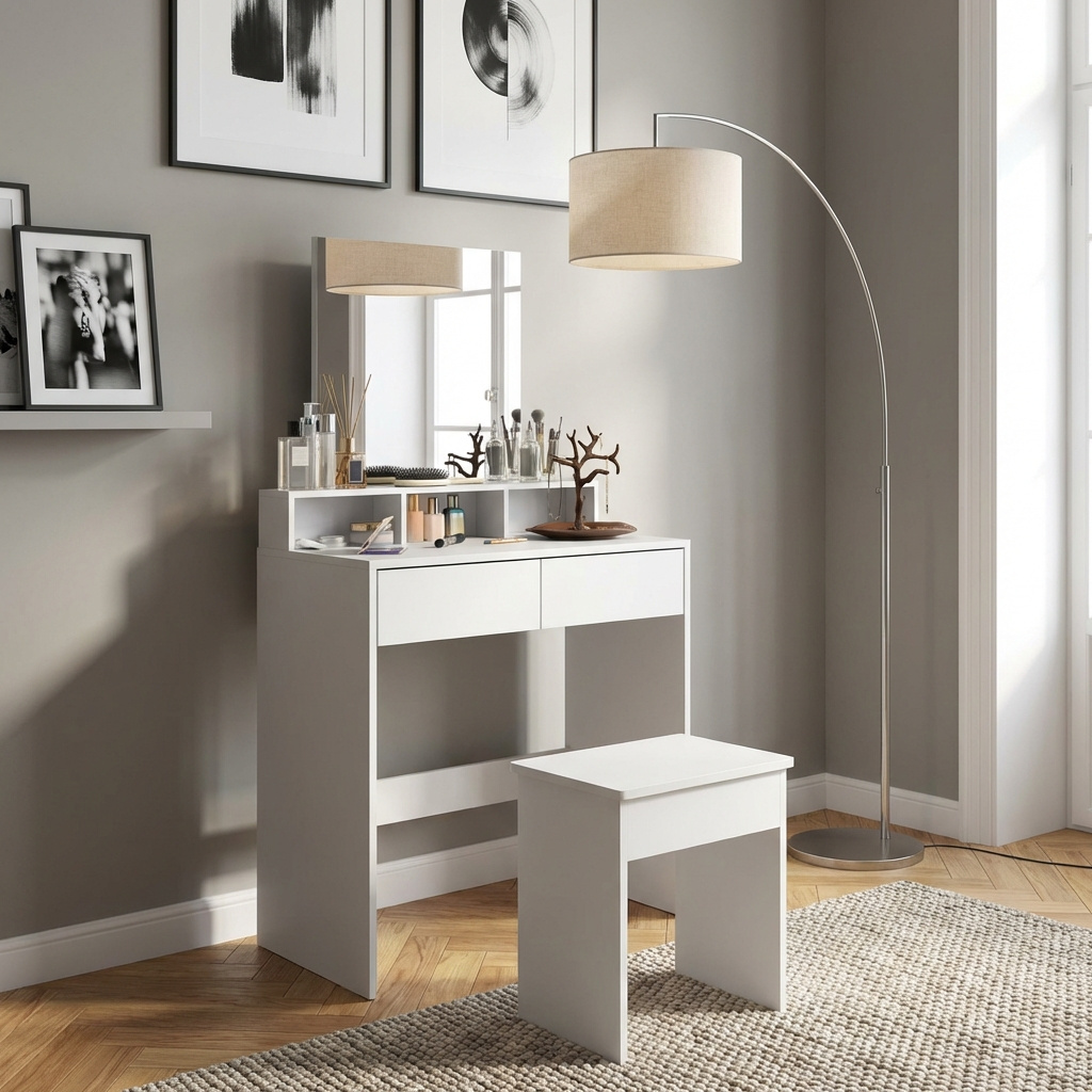 DecHome 0WTJ755 Toeletta trucco con Specchio con Sgabello 75x38x135 cm Bianco