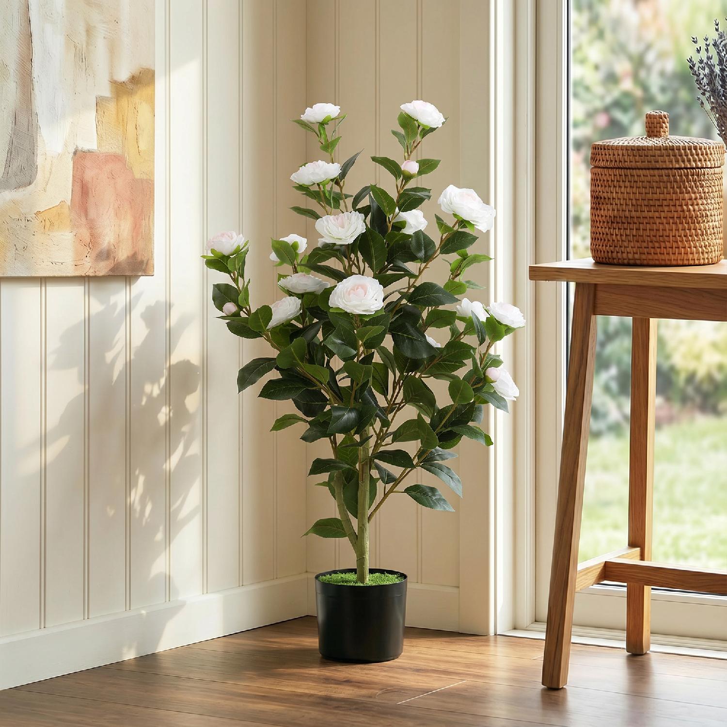 DecHome 0WTV413 Pianta Artificiale di Camelia con Fiori Realistici 176 Foglie in PEVA