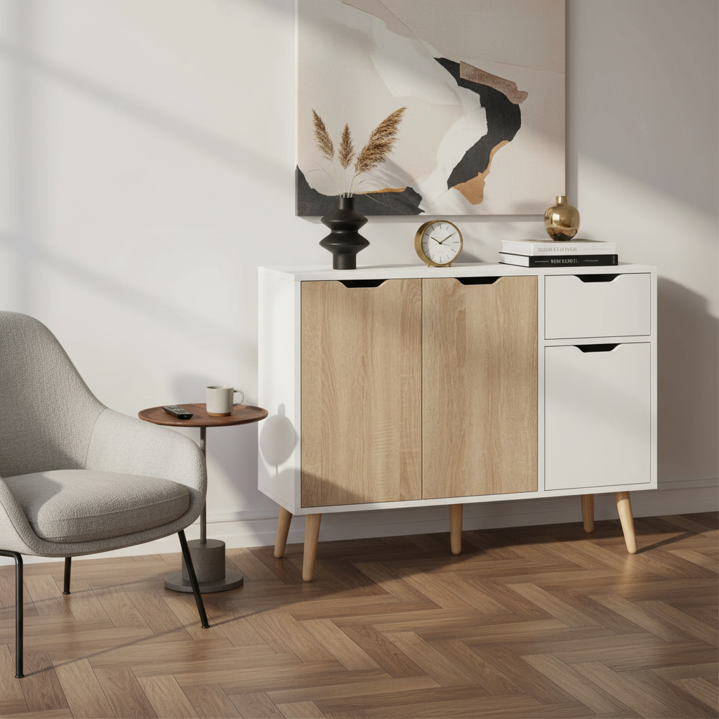 DecHome 117ND837 Mobile Soggiorno Scandinavo Legno con Cassetto e Armadietti 90x30x72cm