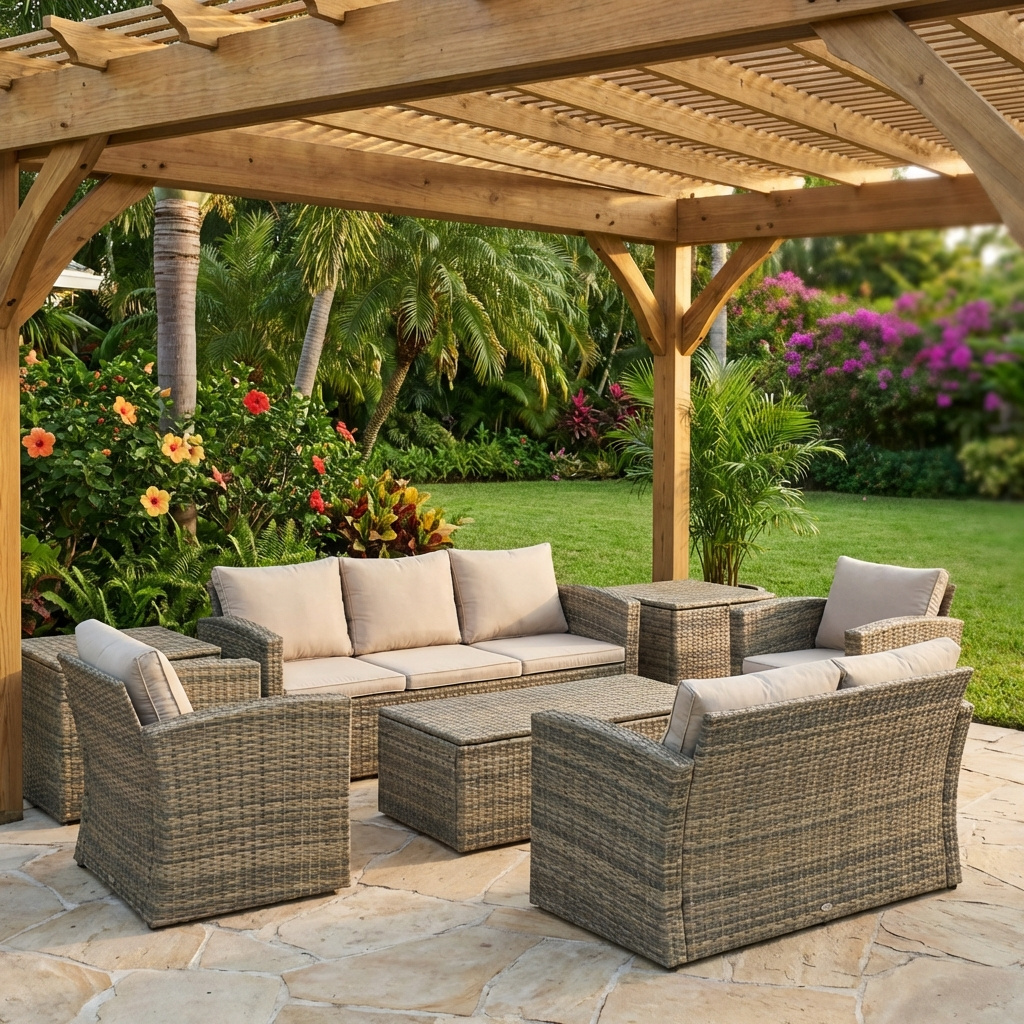 VivaGarden 120GD860 Salotto da Giardino Divano 3 Posti 2 Poltrone Tavolino Beige