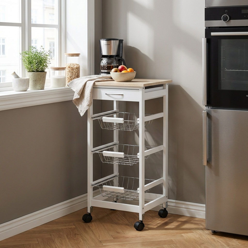 DecHome 125e801 Carrello Cucina Portafrutta Multiuso in Metallo 37x37x77,5 BiancoRovere