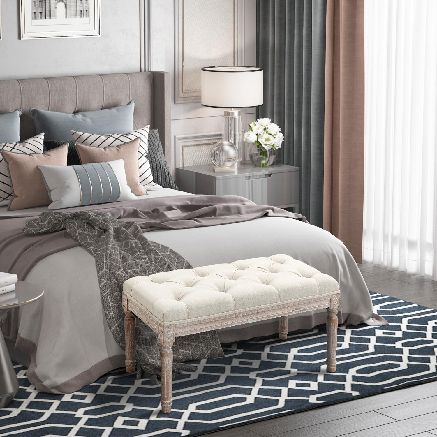 DecHome 160V01CW Panca Fondo Letto Gambe Legno Ottomana Ingresso Beige