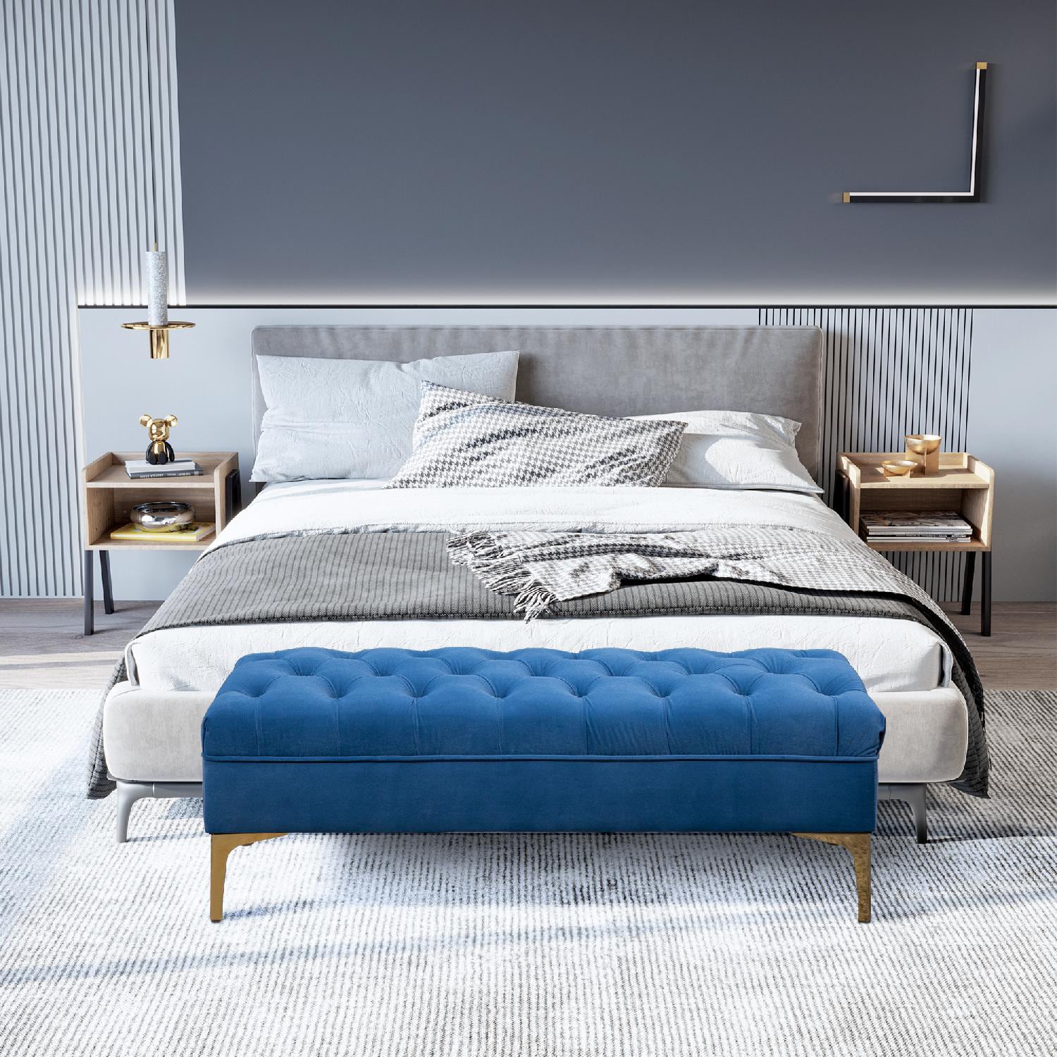 DecHome 163V01831 Panca Imbottita Fondoletto in Tessuto Vellutato Panca Blu