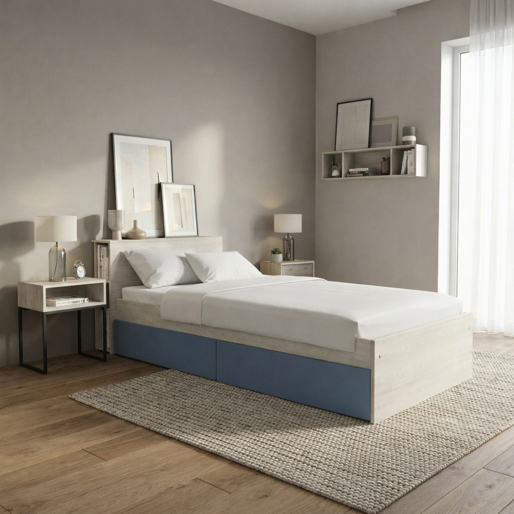 DecHome 1660 Letto Singolo con Cassettoni e Comodino 215x102x72 cm Bianco Celeste