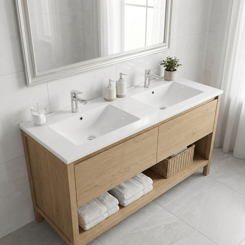 DecHome 20331 Lavabo da Appoggio in ceramica due vasche 121.5x47 cm Bianco