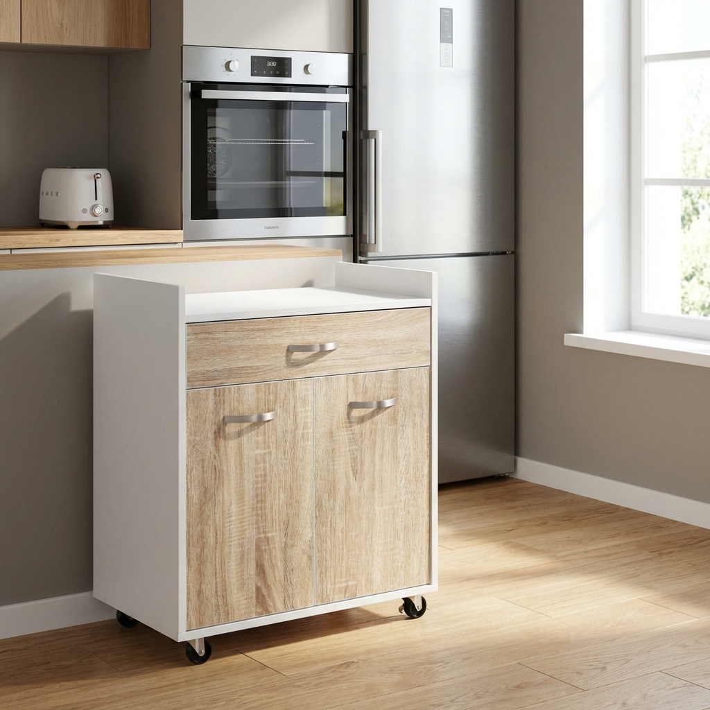 DecHome 898DH09 Carrello Cucina Mobile 2 Ante 1 Cassetto 60x40x77cm BiancoRovere