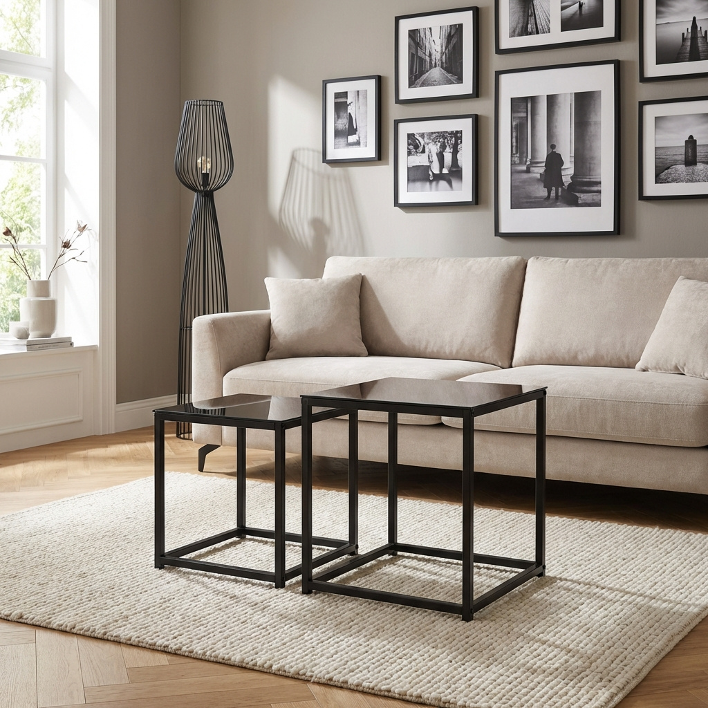 DecHome 807DH45 Set 2 Tavolini Quadrati Acciaio e Vetro Temperato 50x50x5242x42x42 Nero