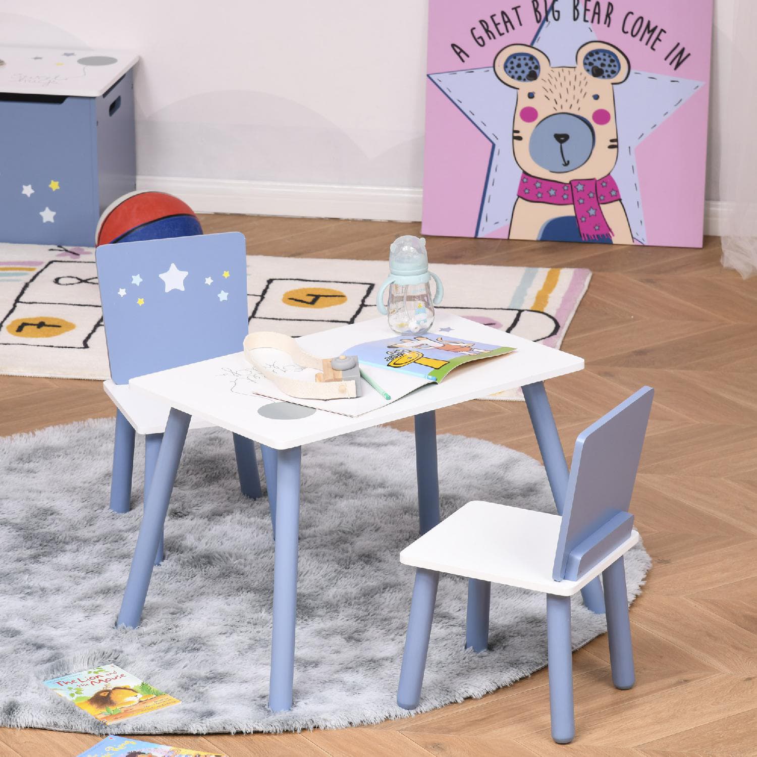 DecHome 312535 Tavolo Sedie Bambini e Bambine 2-6 Anni Legno Azzurro e Bianco