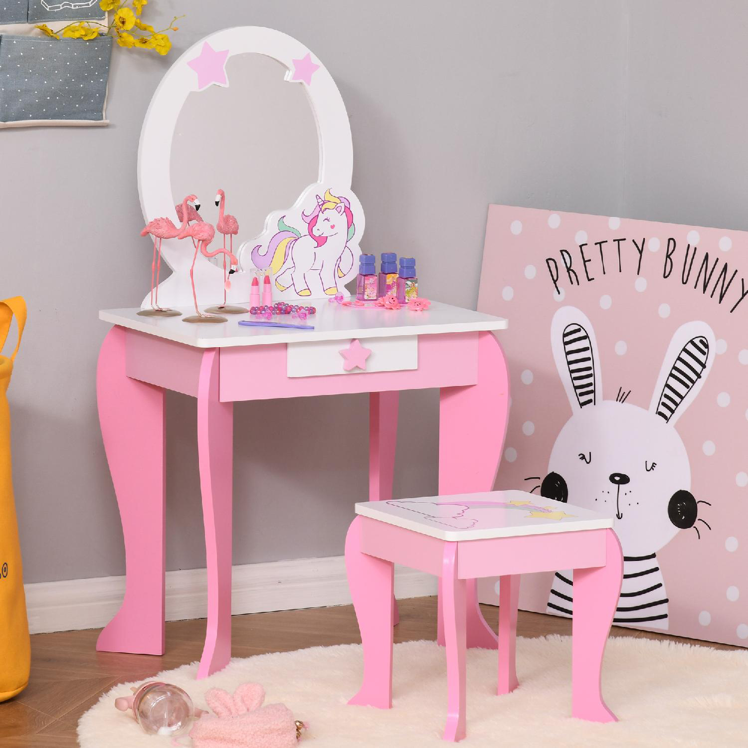 DecHome 3555D9 Specchiera Giocattolo Cassetto e Sgabello Gioco Bambine 3-8 Anni