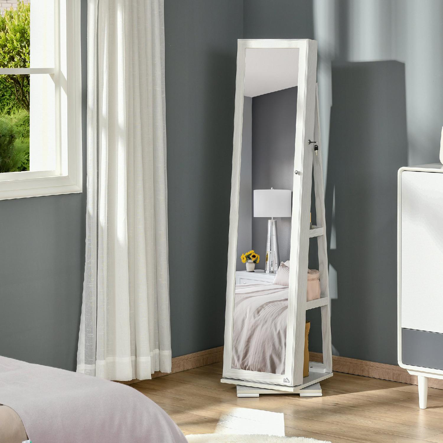 DecHome 393ek831 Specchio Portagioie da Terra Girevole in Legno Bianco