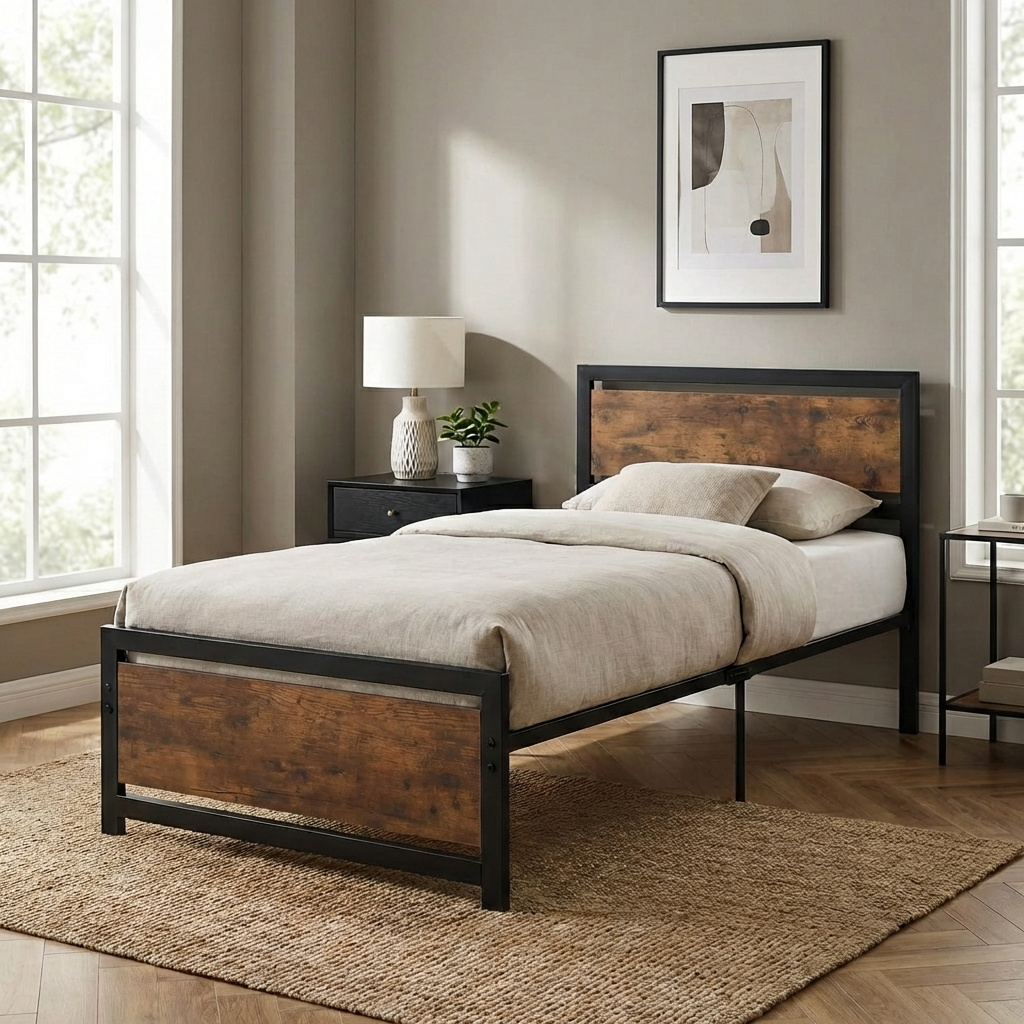 DecHome 418V01831 Letto Singolo 90x200cm in egno e Acciaio  Marrone  Nero