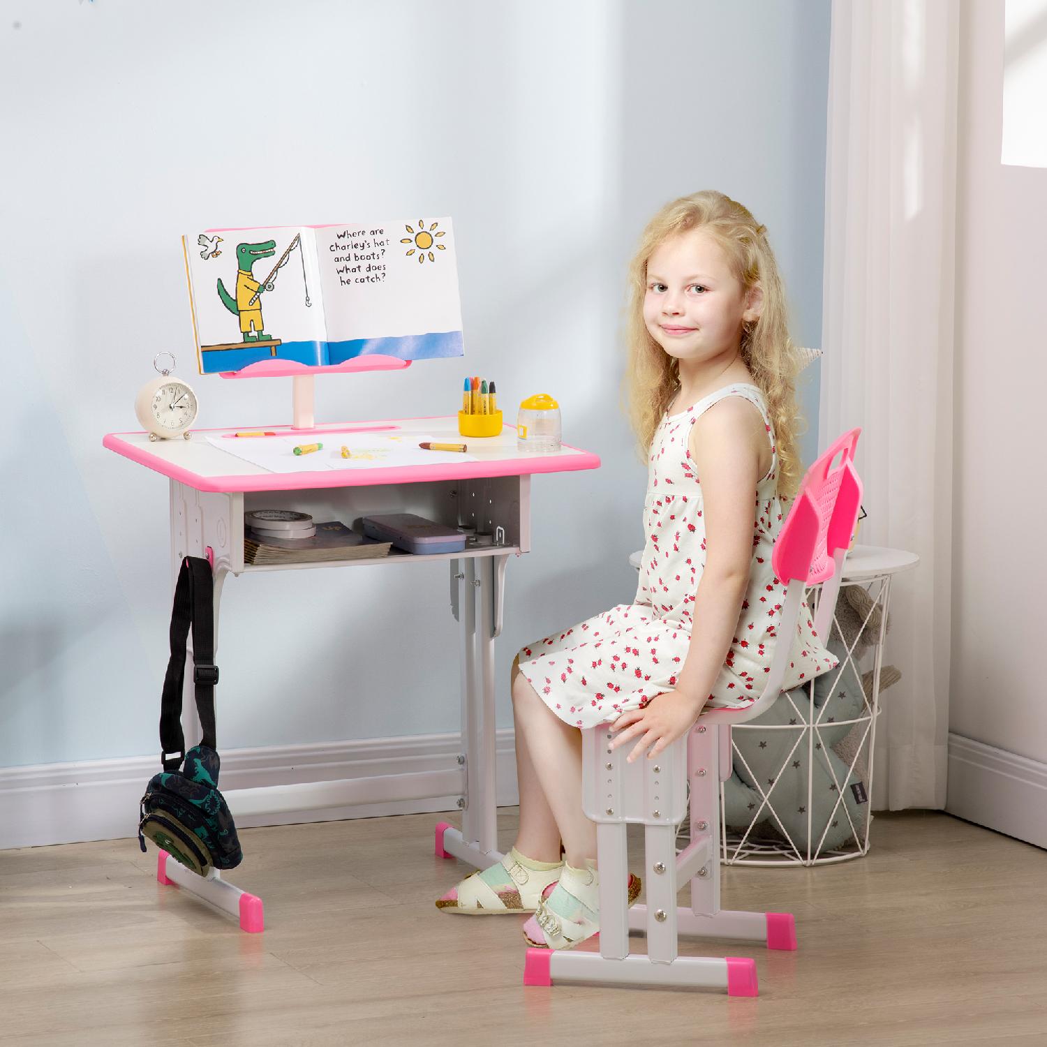 DecHome 450PKS380 Banco Scuola con Sedia Regolabile per Bambini 6-12 Anni Rosa