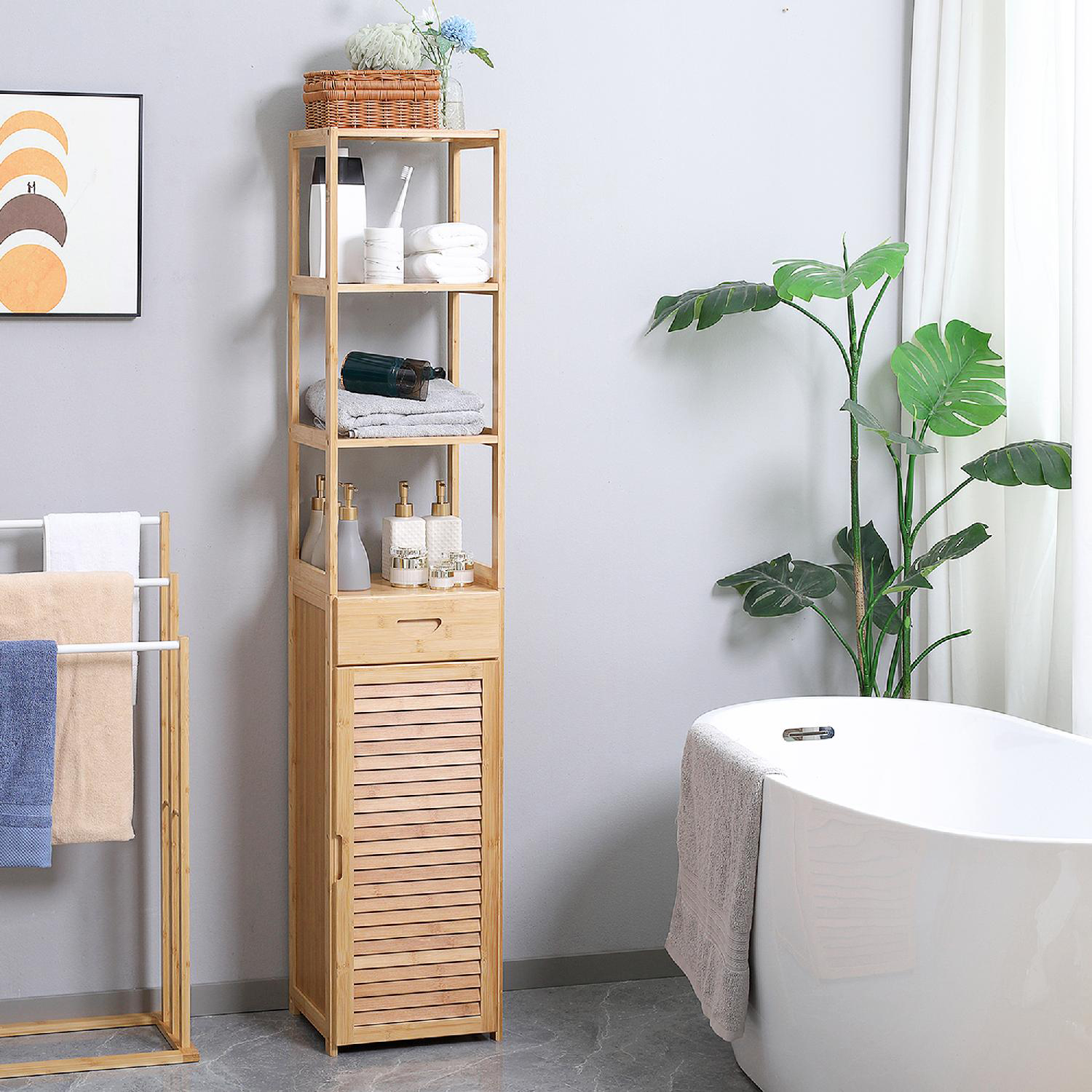 DecHome 465-834 Colonna Bagno 1 Anta 1 Cassetto 2 Ripiani 32x30x163 cm in Bamb�