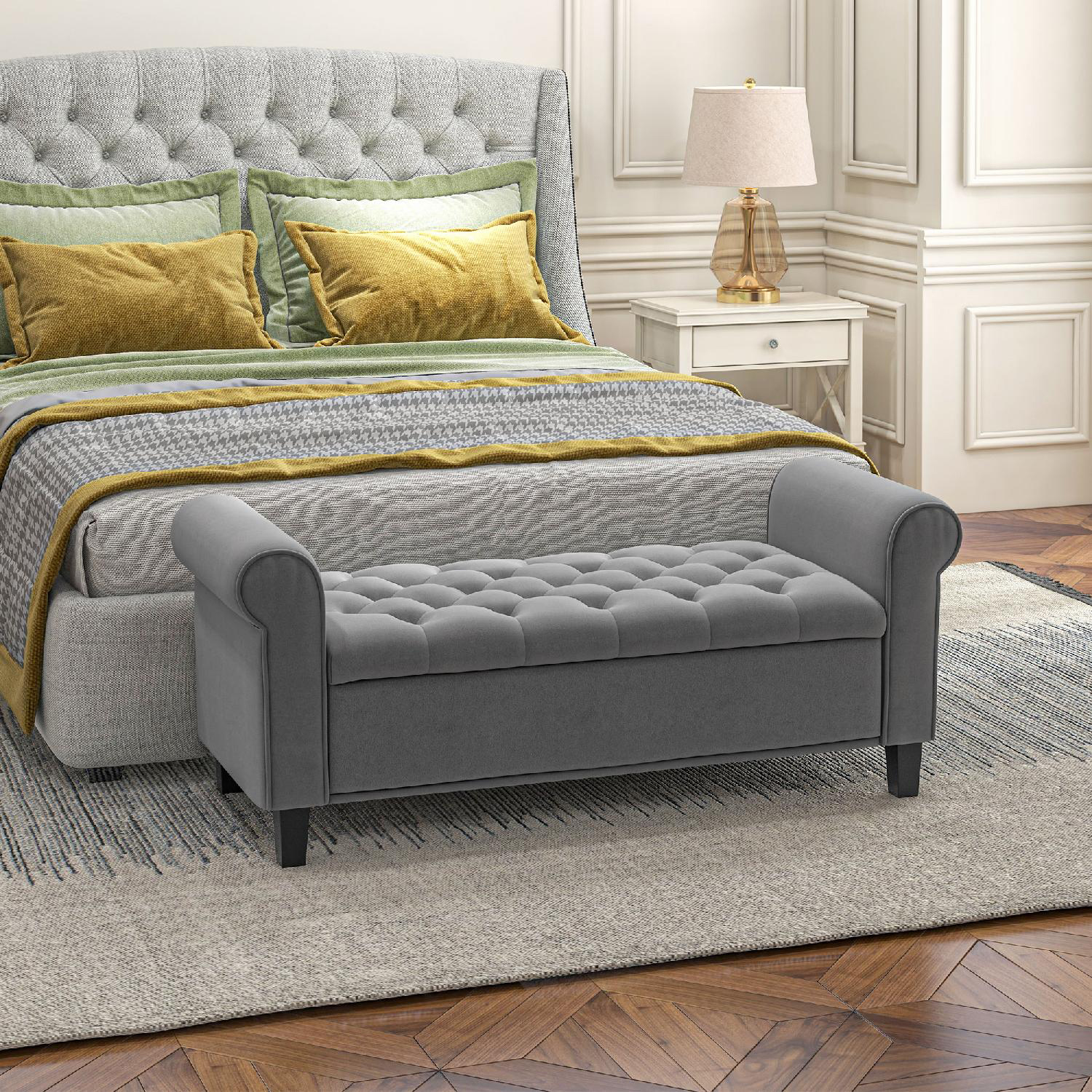 DecHome 470-321GY Panca Fondo Letto Tessuto Vellutato Spazio Portaoggetti e Braccioli