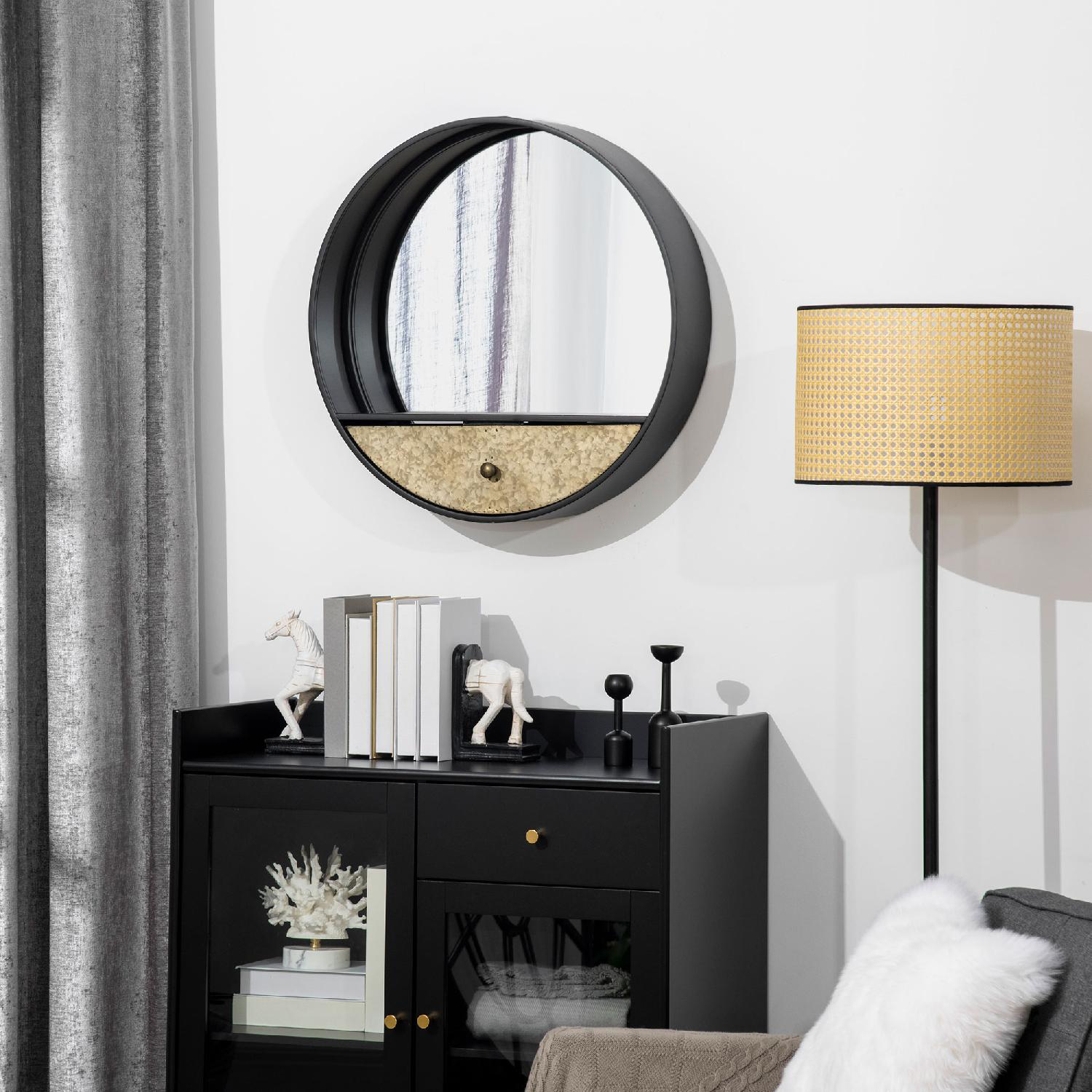 DecHome 474830 Specchio da Parete Industriale in Metallo con Cassetto 61 cm colore Nero