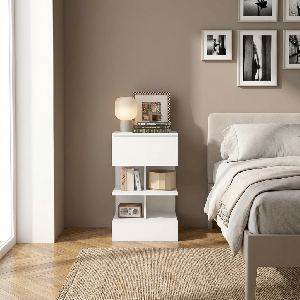 DecHome 517-126WT Comodino Camera da Letto 1 Cassetto e 2 Vani Giorno 39x39x65 Bianco