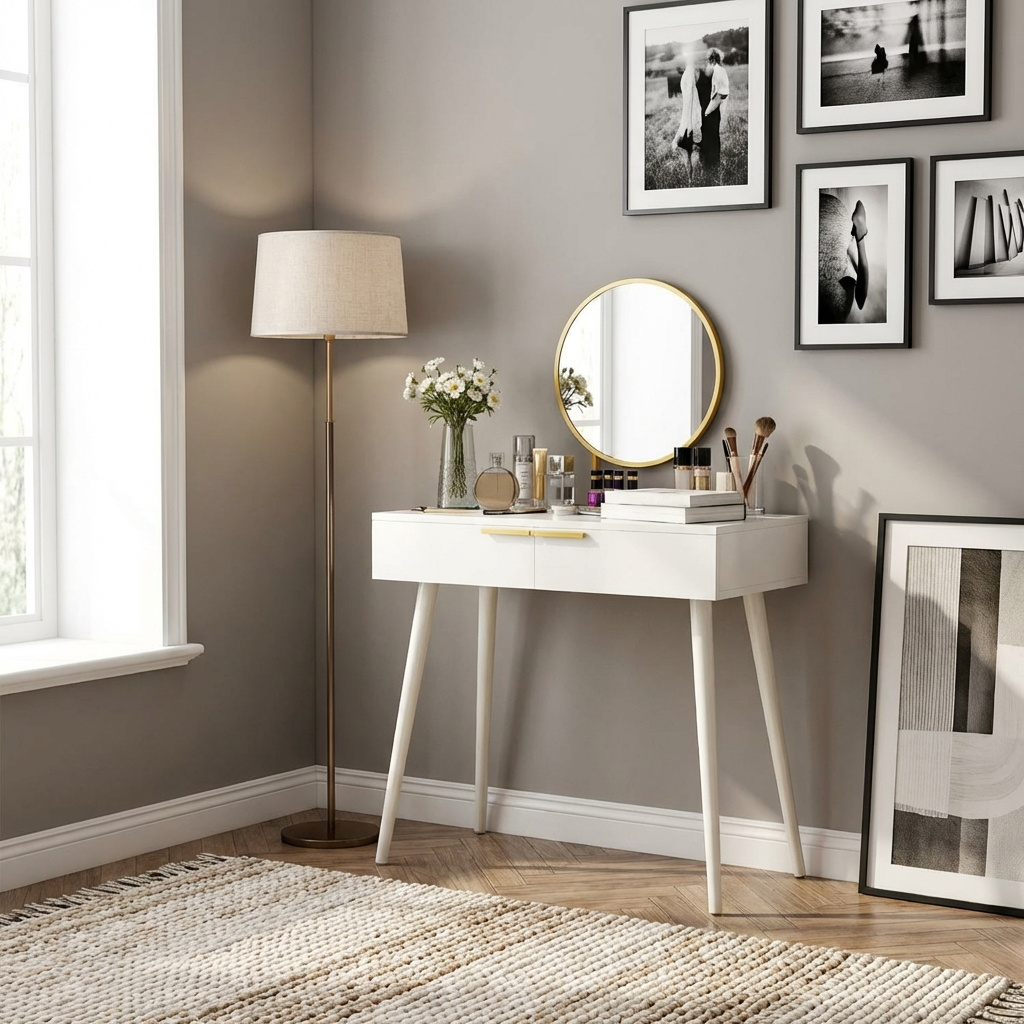 DecHome 65355S623 Toeletta trucco con Specchio Postazione trucco 80x40x123 cm BiancoOro