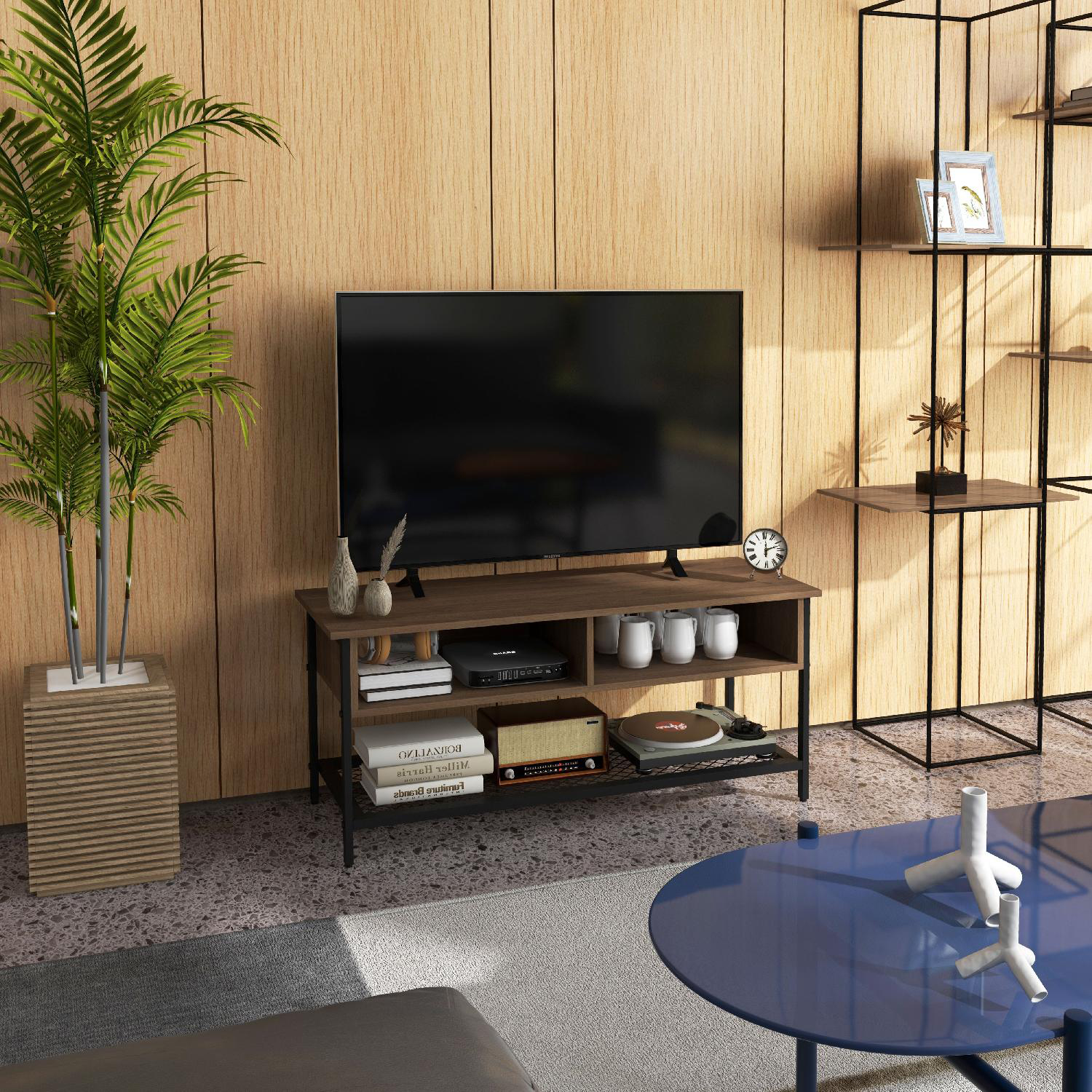 DecHome 658-963BN Mobile TV Stile Industriale 1 Ripiano 2 Vani 110x40x48 cm MarroneNero