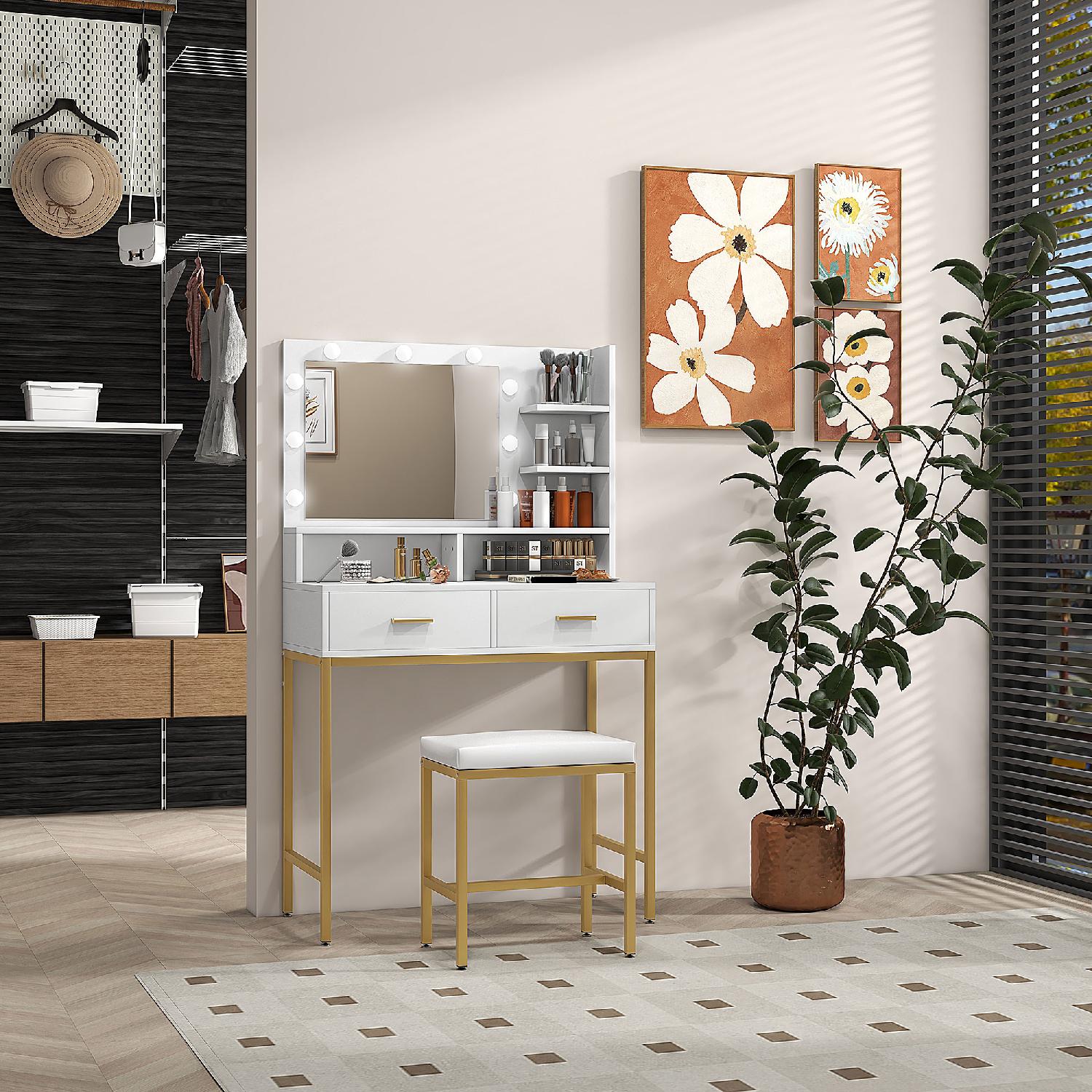 DecHome 65G0WT Toeletta Trucco con Specchio Luci LED e Sgabello 80x40x138 cm BiancoOro