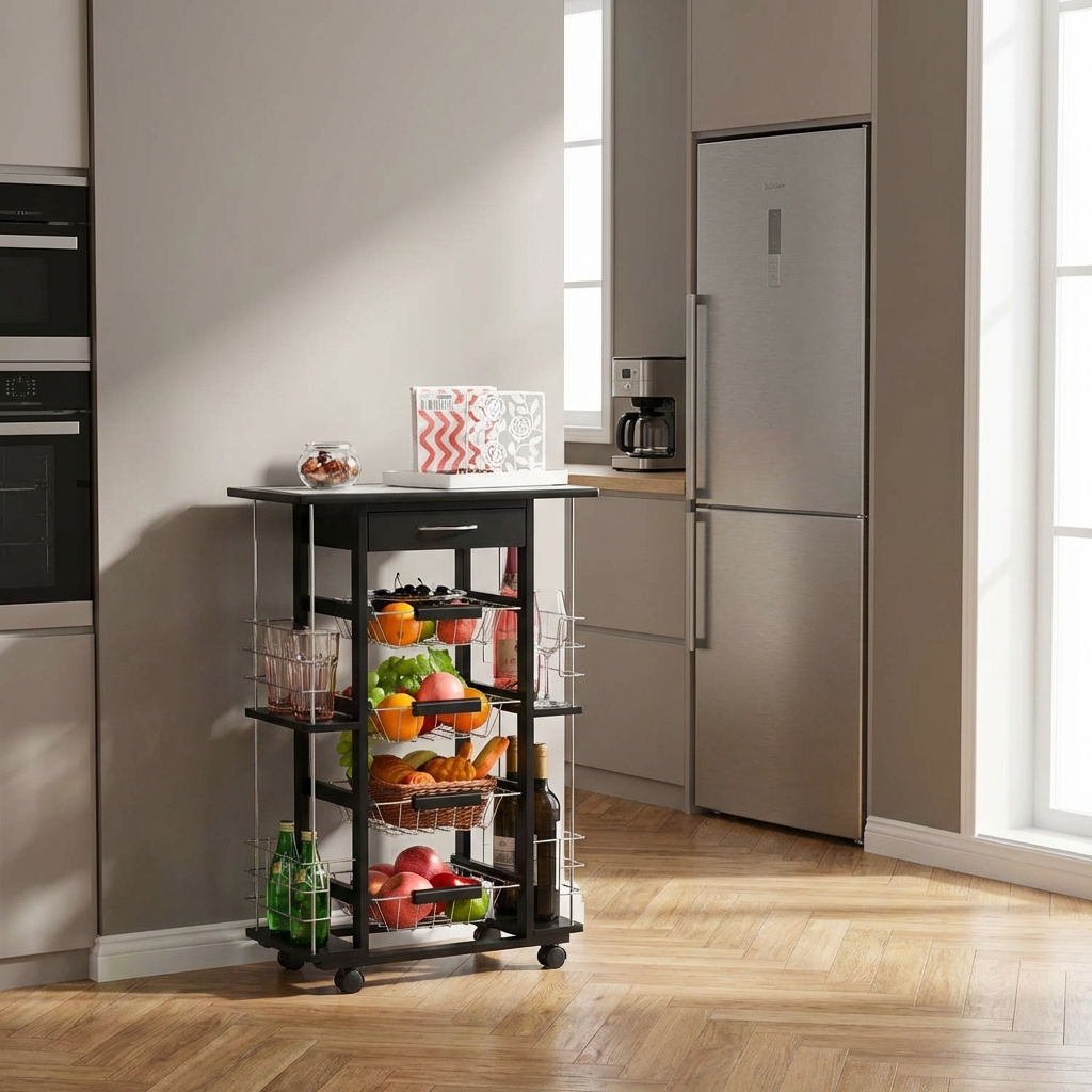 DecHome 8011DD Carrello Cucina Portafrutta Multiuso Acciaio Legno 57x37x83 NeroBianco
