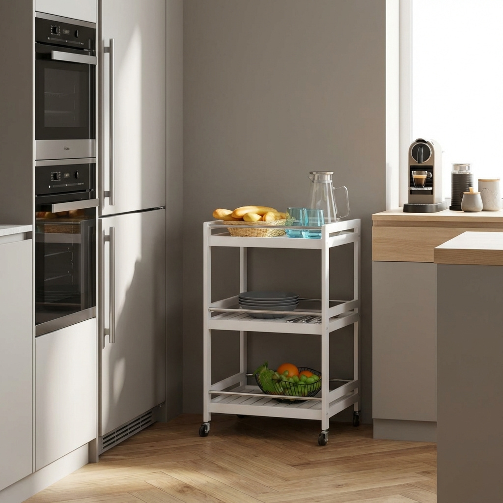 DecHome 8011D3GT Carrello Cucina Portafrutta Multiuso Legno Bamb� Acciaio 45x38x78 Bianco