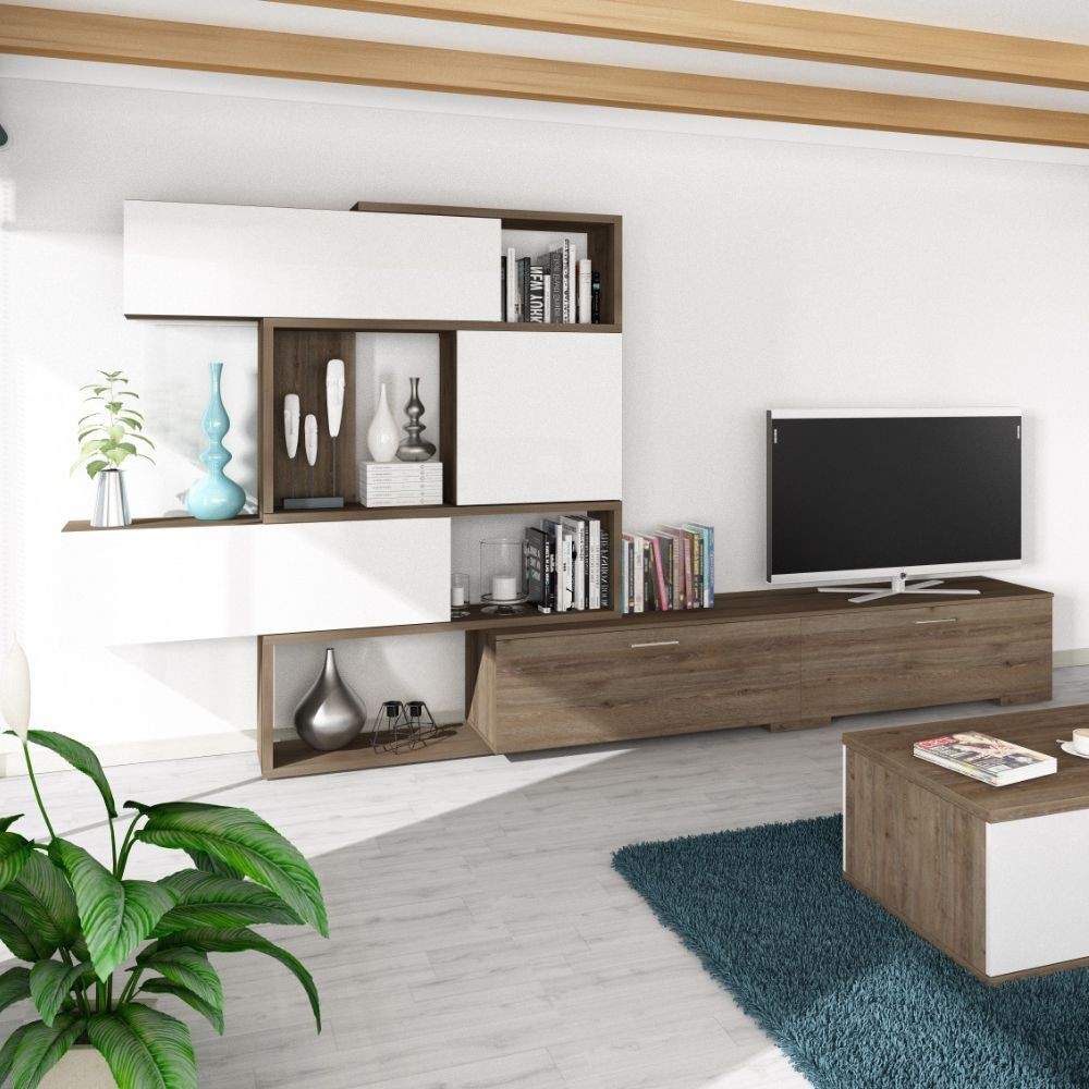 DecHome 8028 Parete Attrezzata 4 Ante 4 Vani a Giorno 1 Vano TV 187x48x293 Noce