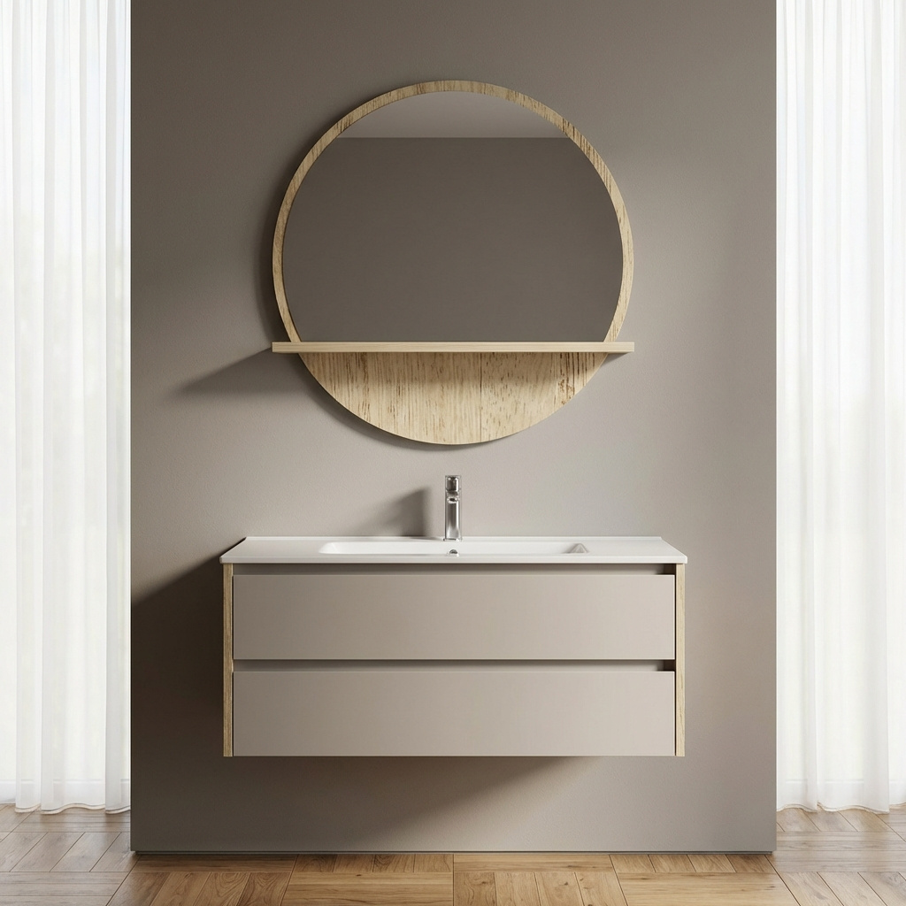 DecHome 806-903ND Specchio Bagno Tondo con Mensola 45 cm Legno