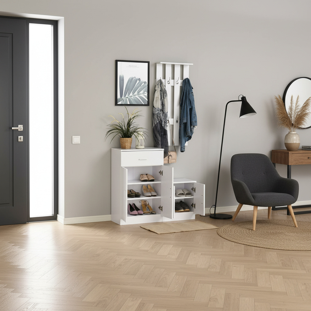 DecHome 831D13 Mobile Ingresso Appendiabiti Scarpiera in Legno 100x32x187 cm Bianco
