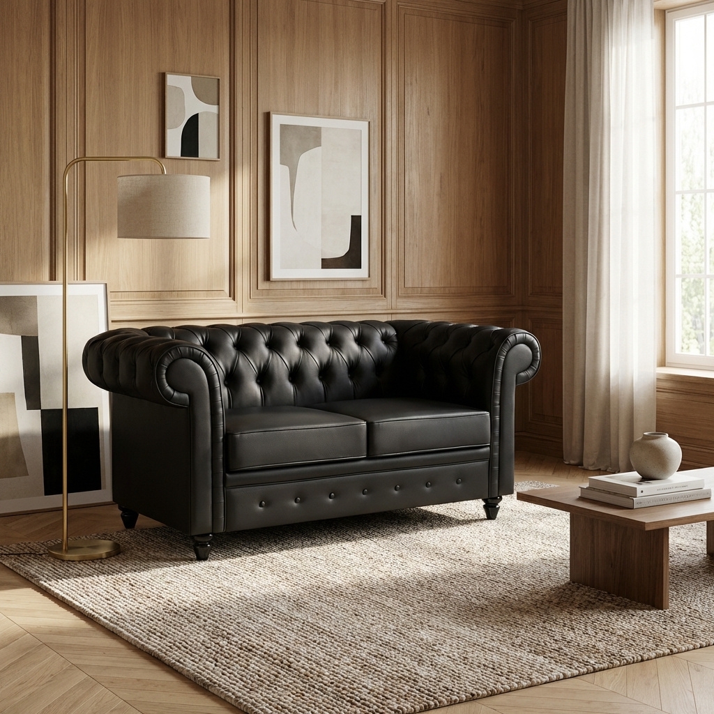 DecHome 833705 Divano Chesterfield 2 Posti Stile Vintage in Ecopelle 160x84x80 cm Nero