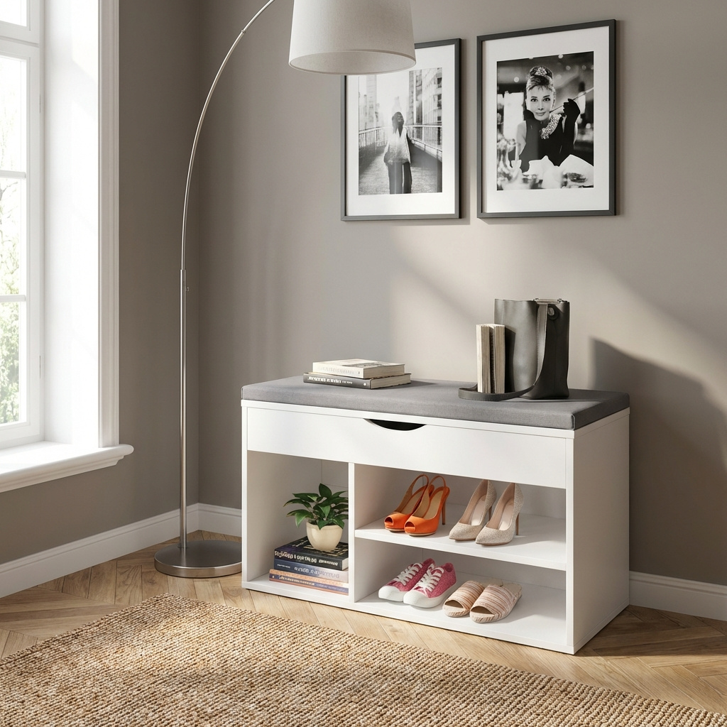 DecHome 873DH05 Panca Scarpiera 3 Ripiani 1 Vano superiore a Scomparsa 80x30x47cm Bianco