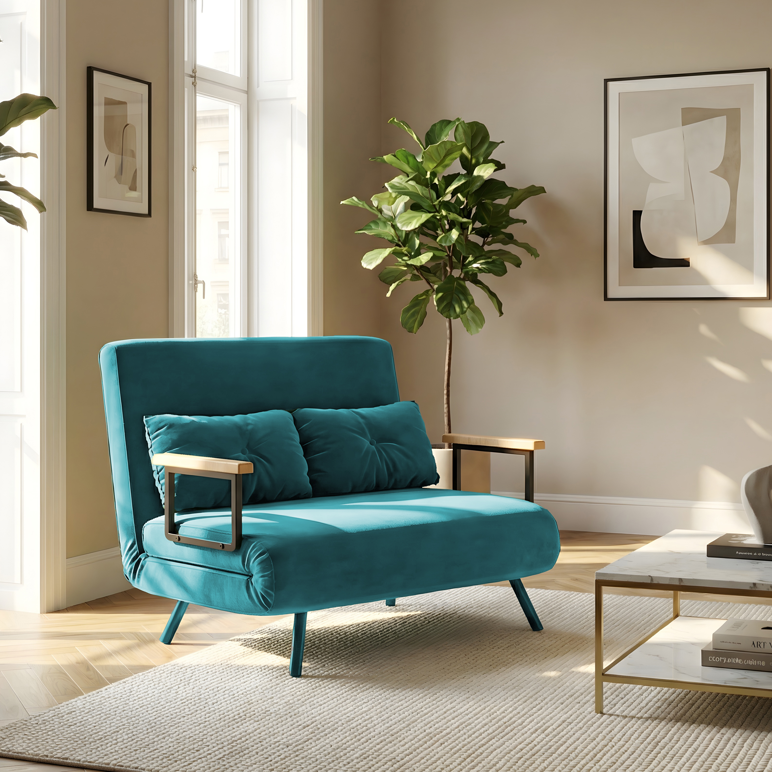 DecHome 884DHDB Divano Letto Clic-Clac 2 Posti Moderno Velluto 102x73x81 cm Verde Acqua