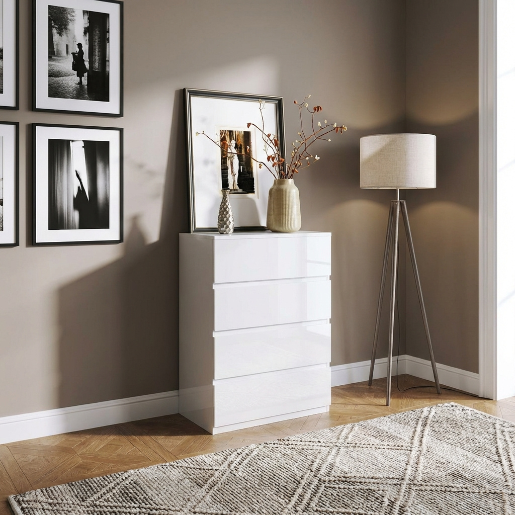 DecHome 8WTJ544 Cassettiera Camera da Letto 4 Cassetti Legno 55x33x80 Bianco