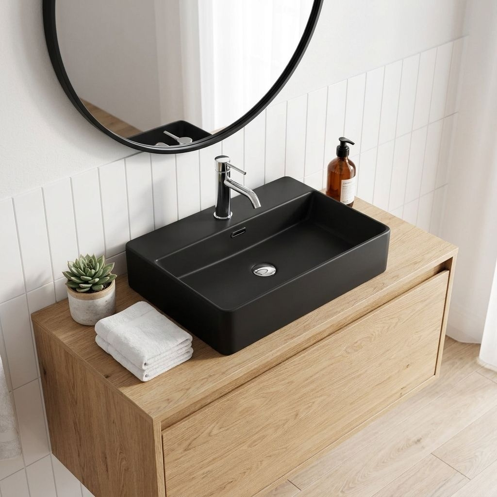 DecHome 9555 Lavabo da Appoggio in ceramica 60x42x13 cm Nero Opaco
