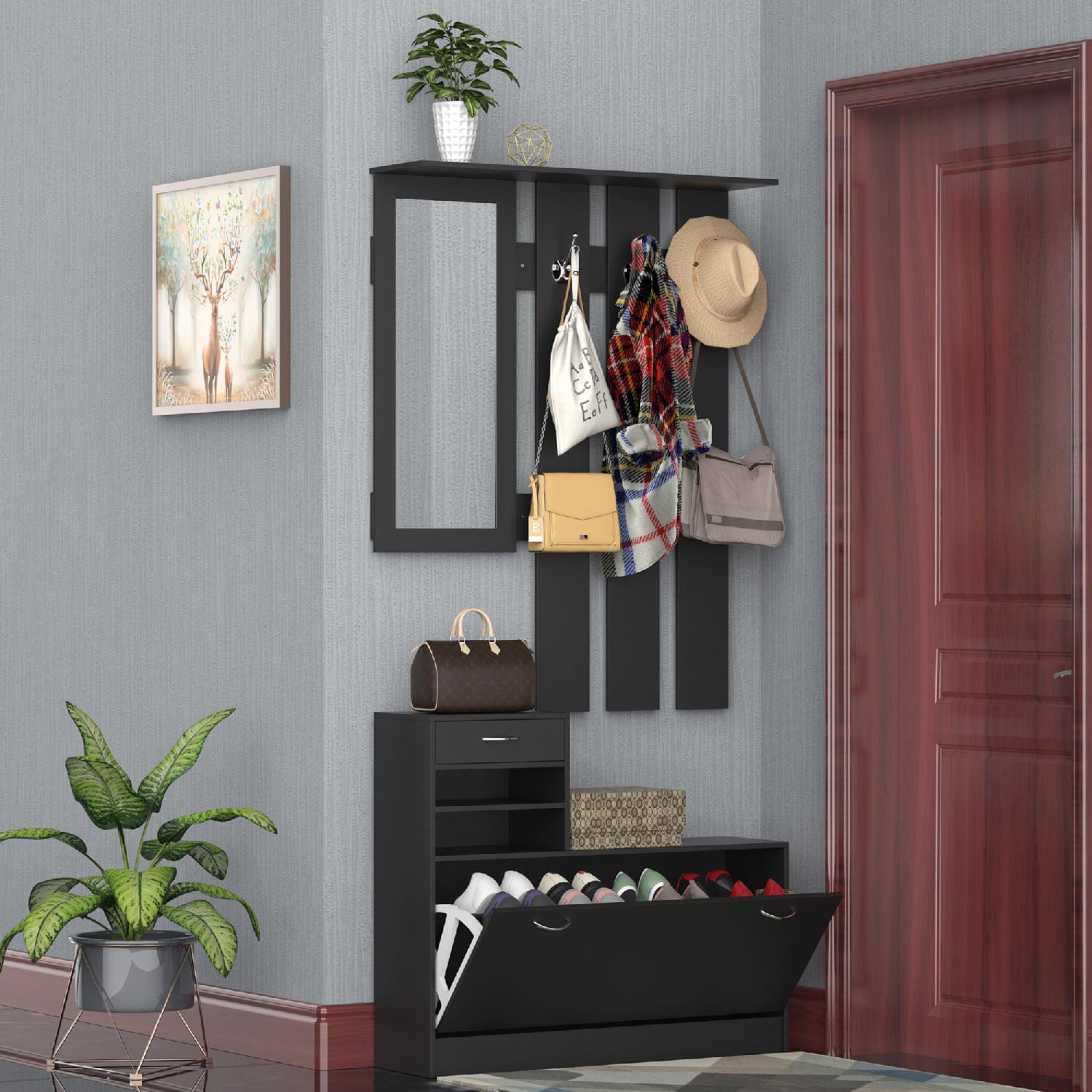 DecHome A1356BKAO10 Mobile Ingresso Appendiabiti con Scarpiera e Specchio 90x10x102 cm Nero