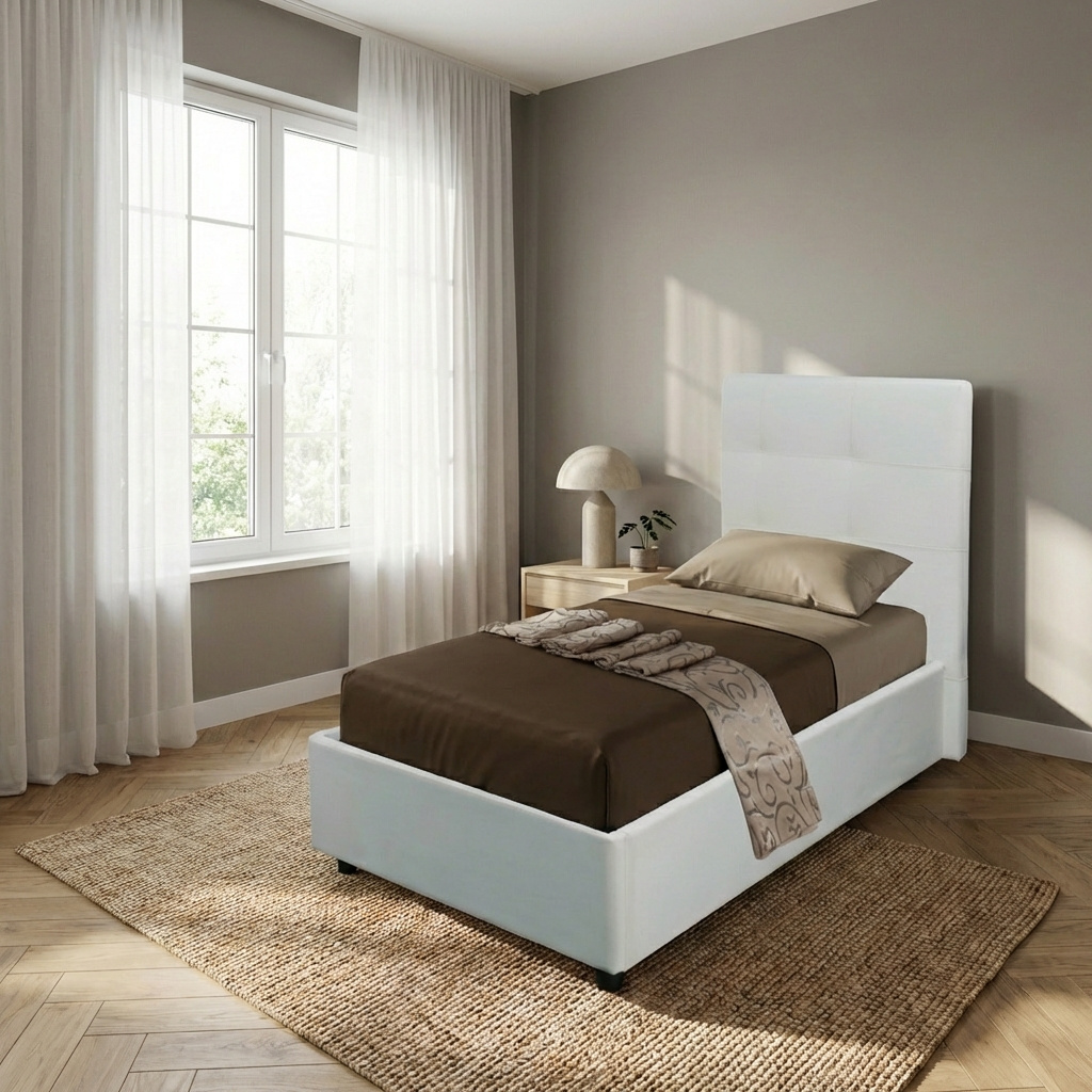DecHome ASCOLI80BI Letto Singolo Contenitore Rete Doghe 102x210x124 cm Ecopelle Bianco